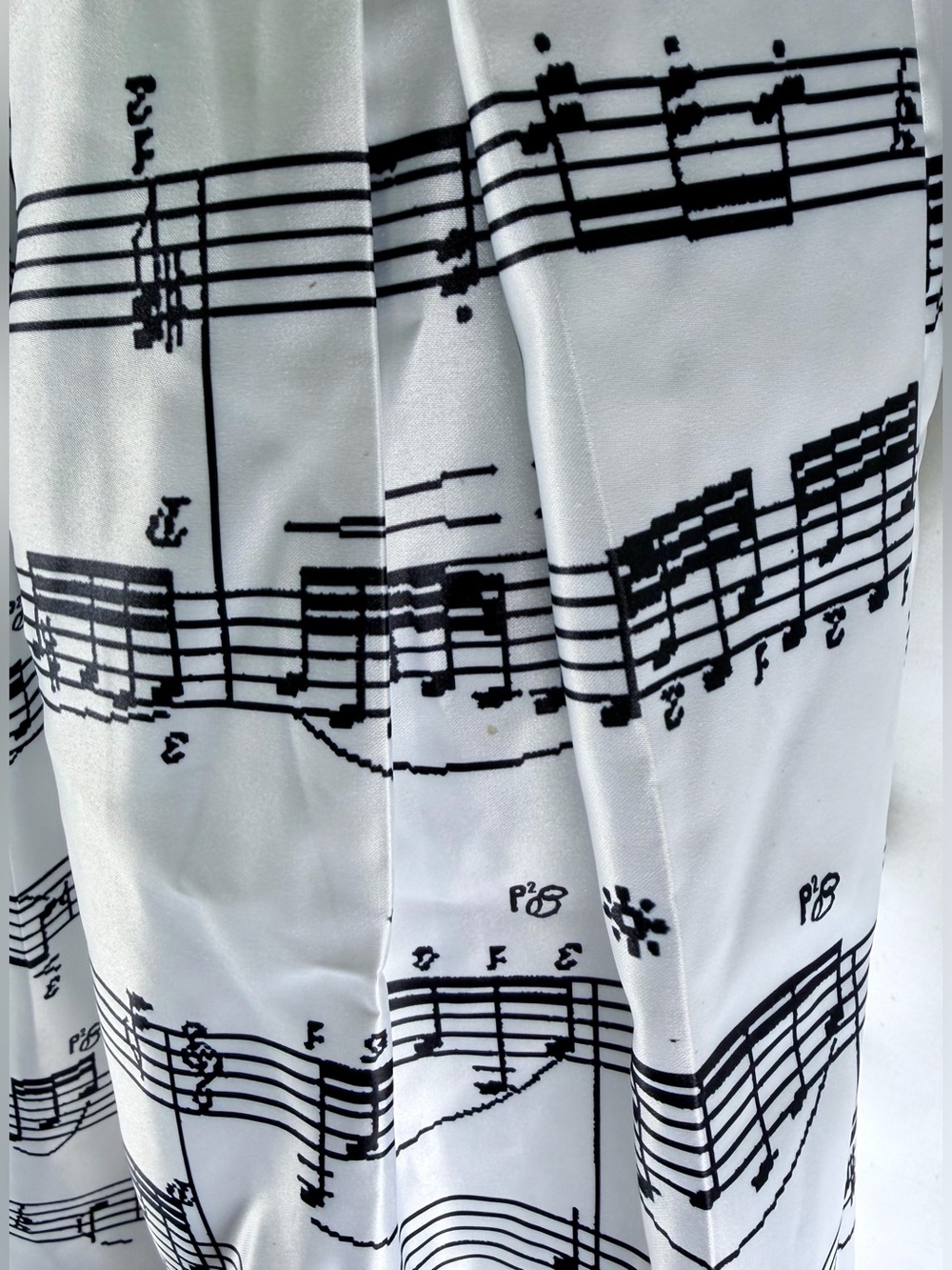Music Note Print Pleated Midi Skirt White Black Satin Elastic Waist Retro - S - Picture 4 of 5